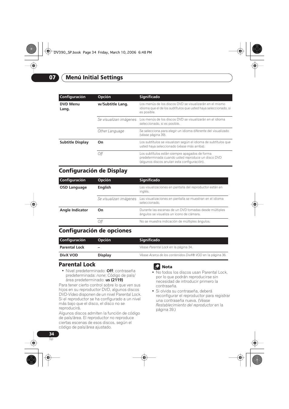 Configuración de display, Configuración de opciones, Parental lock | Menú initial settings 07 | Pioneer DV-393-S User Manual | Page 34 / 87
