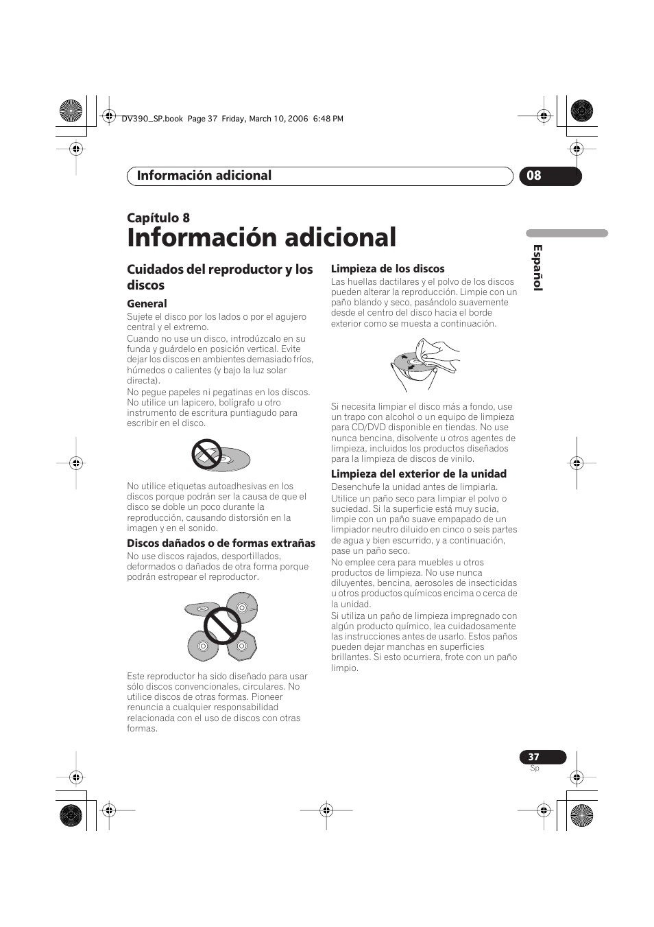 08 información adicional, Cuidados del reproductor y los discos, Información adicional | Pioneer DV-393-S User Manual | Page 37 / 87