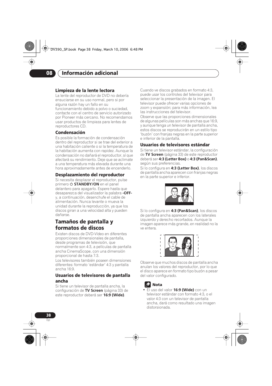 Tamaños de pantalla y formatos de discos, Información adicional 08 | Pioneer DV-393-S User Manual | Page 38 / 87