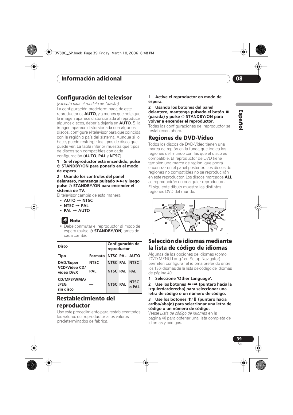 Configuración del televisor, Restablecimiento del reproductor, Regiones de dvd-vídeo | Información adicional 08 | Pioneer DV-393-S User Manual | Page 39 / 87