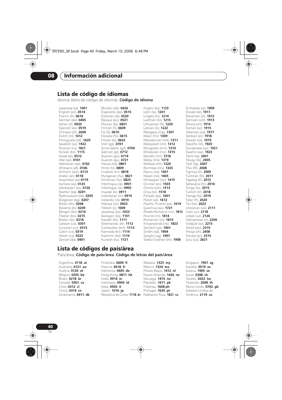 Lista de código de idiomas, Lista de códigos de país/área, Información adicional 08 | Pioneer DV-393-S User Manual | Page 40 / 87