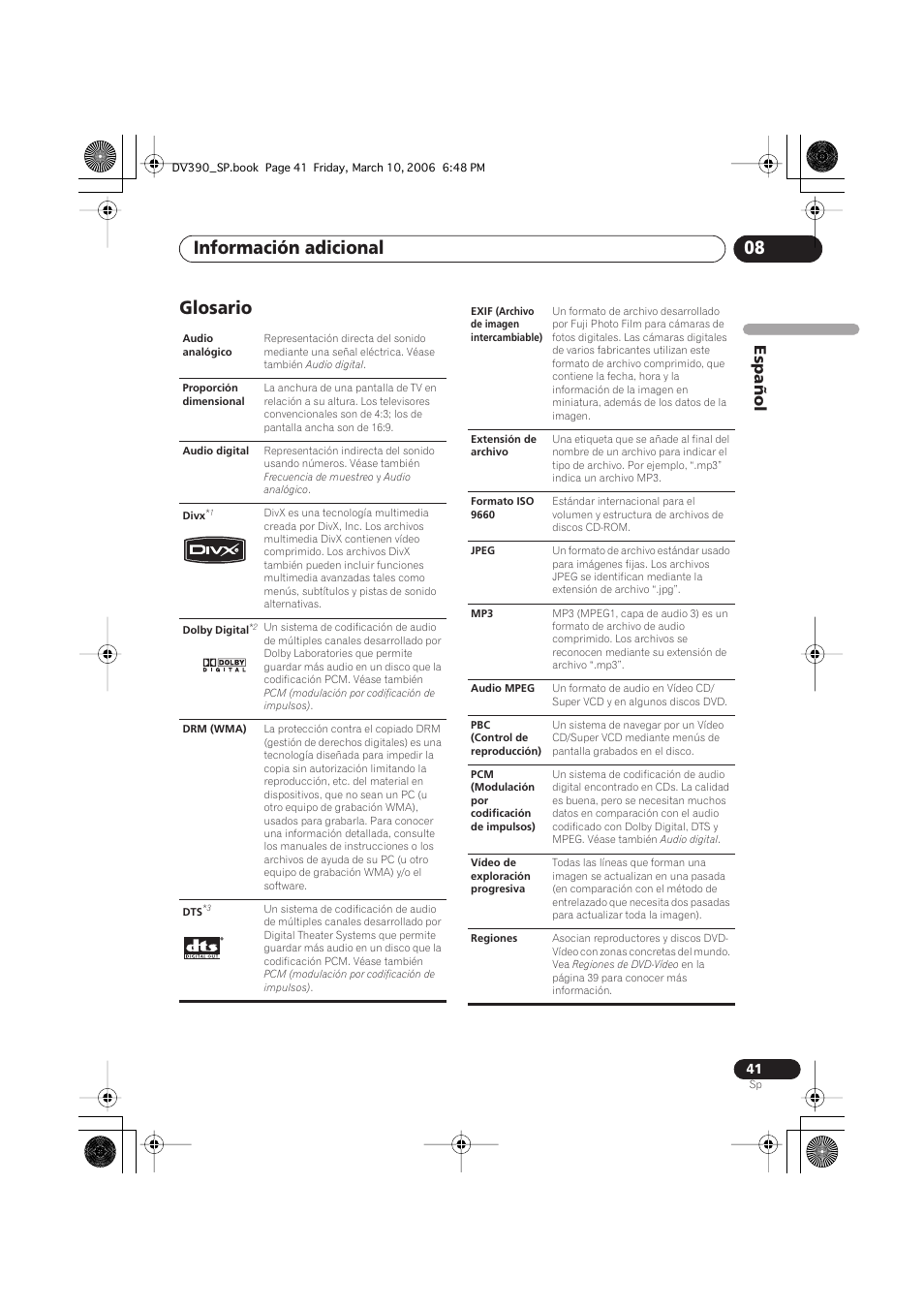 Glosario, Información adicional 08, Español | Pioneer DV-393-S User Manual | Page 41 / 87