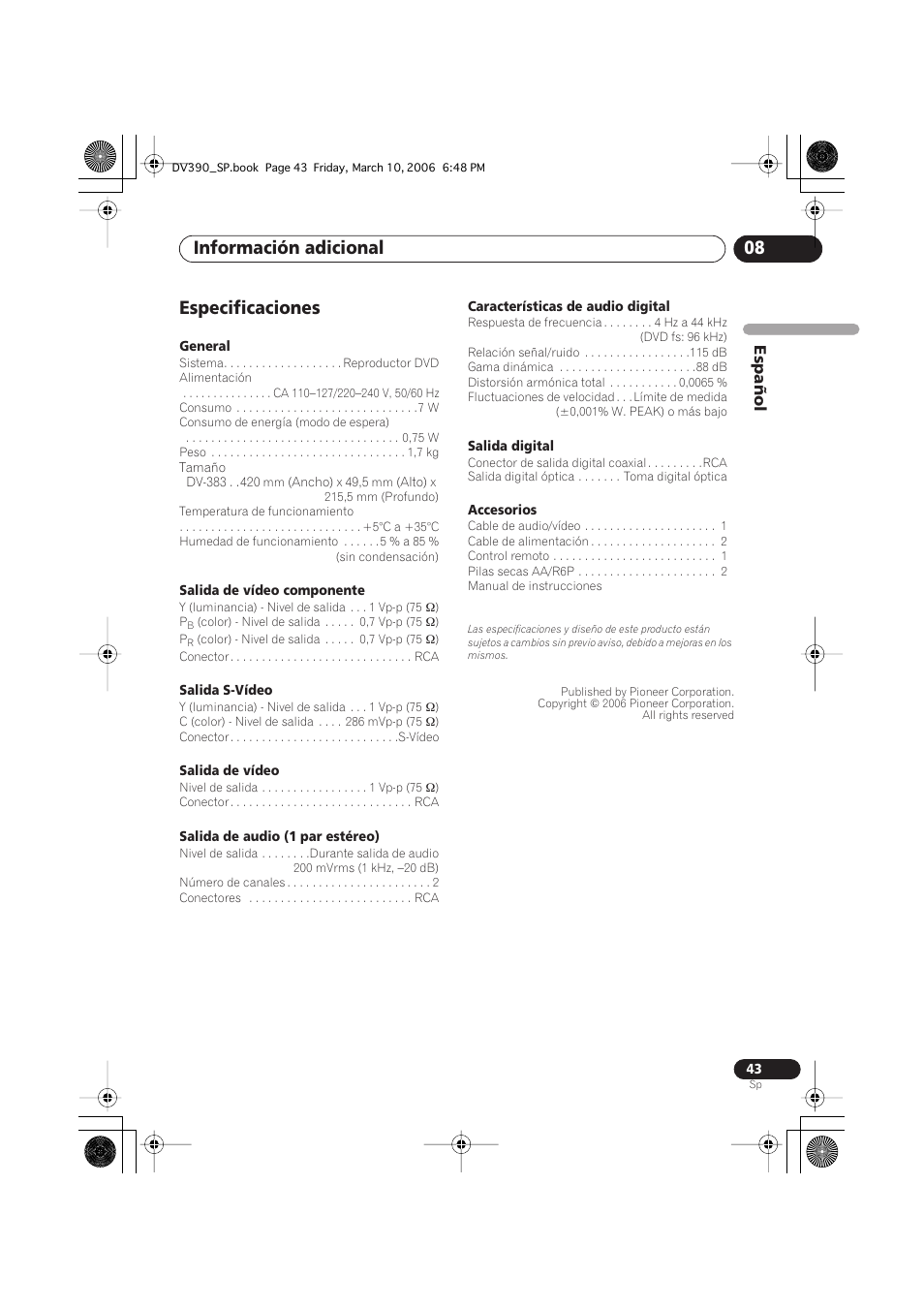 Especificaciones, Información adicional 08, Español | Pioneer DV-393-S User Manual | Page 43 / 87