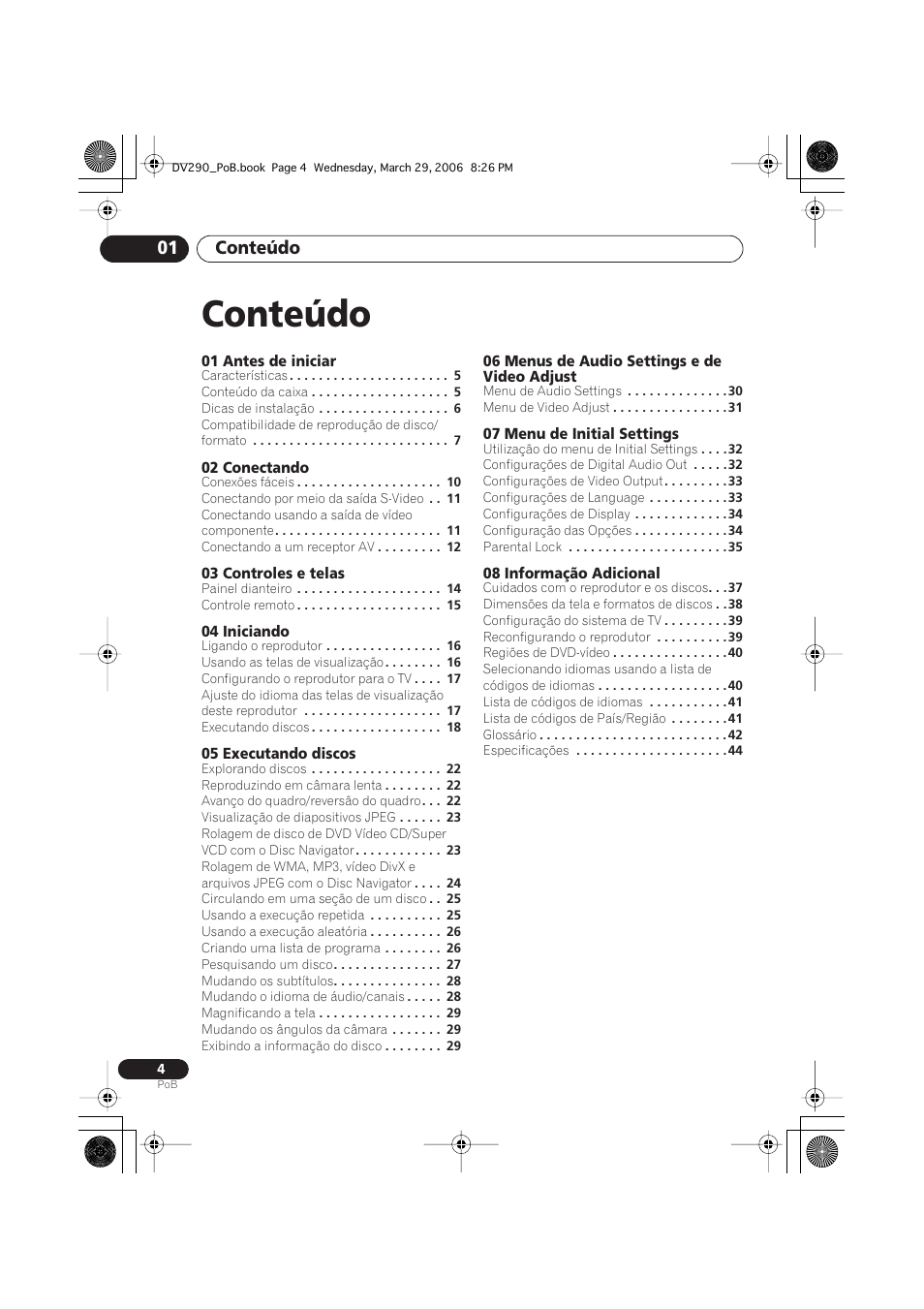Manual de instruções, Conteúdo, Conteúdo 01 | Pioneer DV-393-S User Manual | Page 46 / 87
