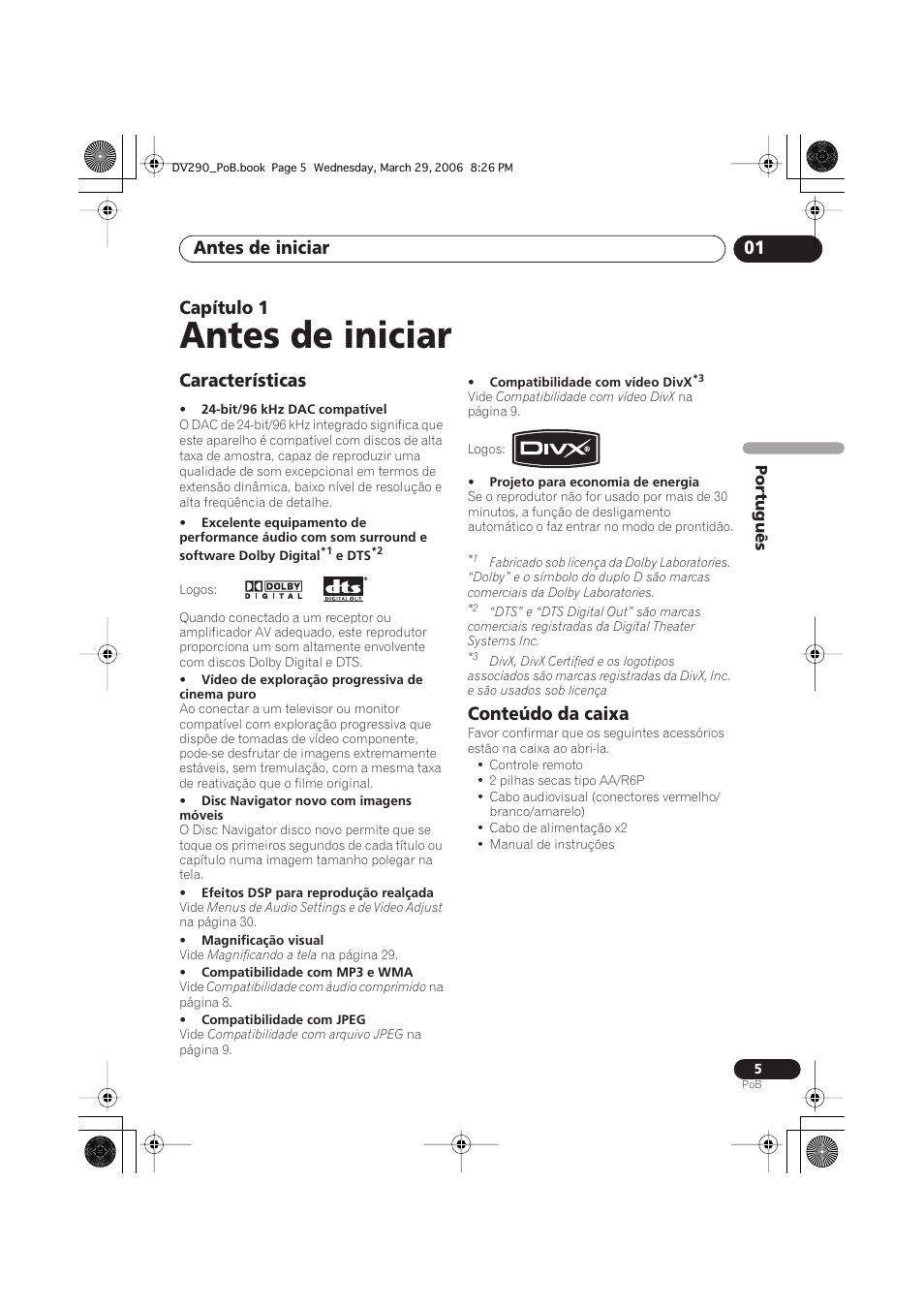 01 antes de iniciar, Características, Conteúdo da caixa | Antes de iniciar, Antes de iniciar 01, Capítulo 1 | Pioneer DV-393-S User Manual | Page 47 / 87