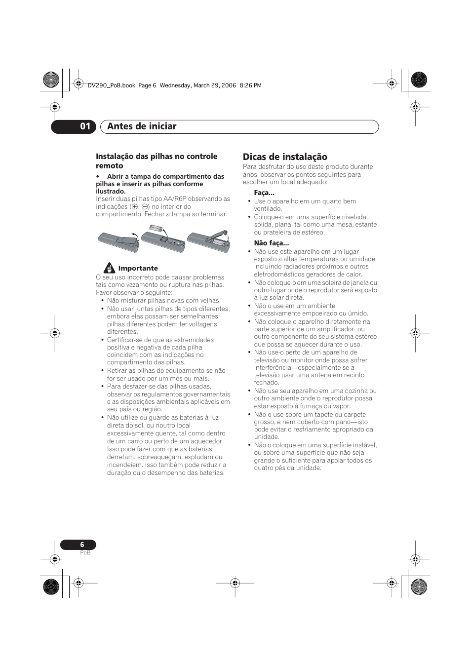 Dicas de instalação, Antes de iniciar 01 | Pioneer DV-393-S User Manual | Page 48 / 87