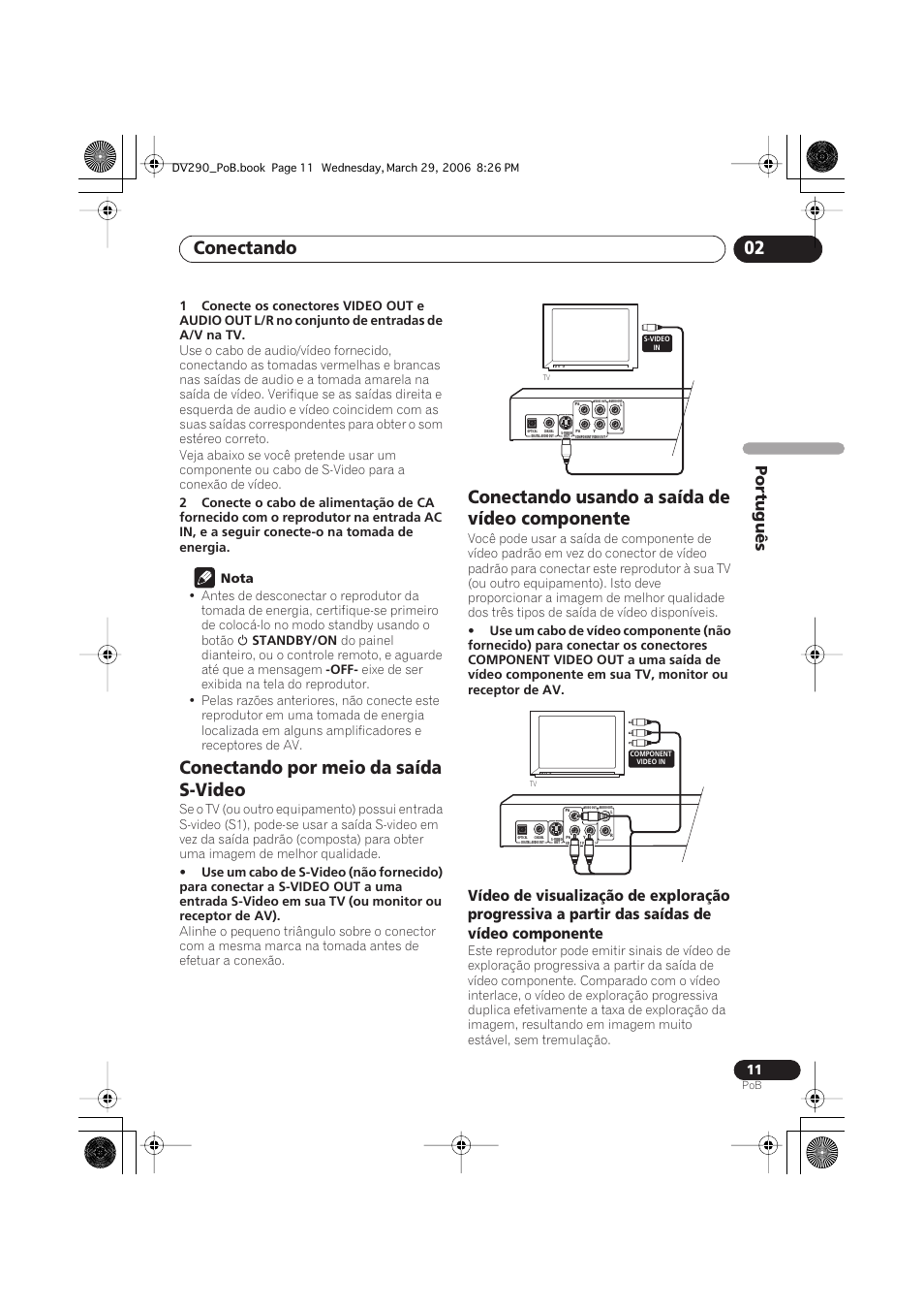 Conectando por meio da saída s-video, Conectando usando a saída de vídeo componente, Conectando 02 | Português | Pioneer DV-393-S User Manual | Page 53 / 87