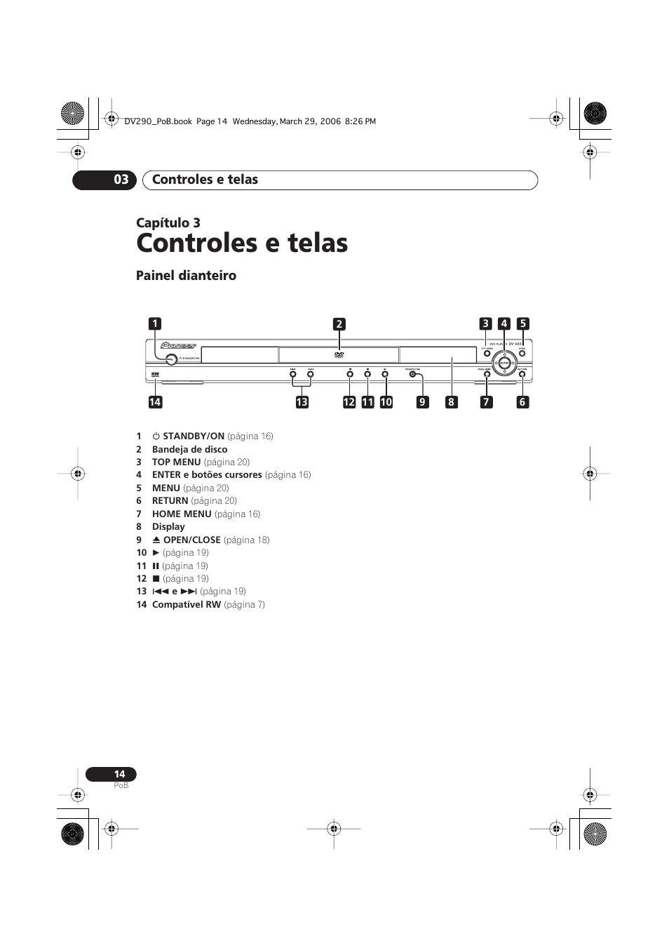 03 controles e telas, Painel dianteiro, Controles e telas | Controles e telas 03, Capítulo 3 | Pioneer DV-393-S User Manual | Page 56 / 87