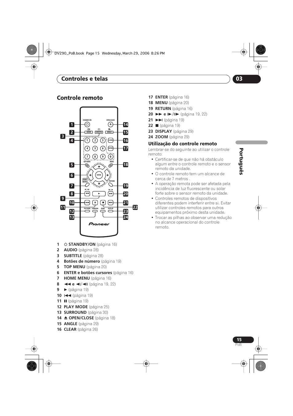 Controle remoto, Controles e telas 03 | Pioneer DV-393-S User Manual | Page 57 / 87