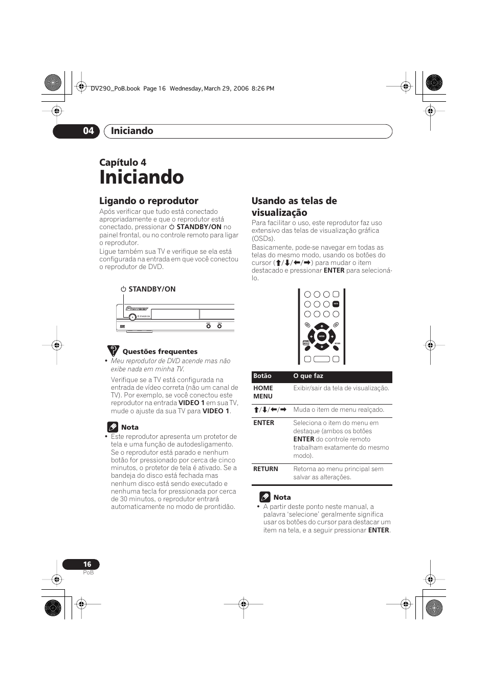 04 iniciando, Ligando o reprodutor, Usando as telas de visualização | Iniciando, Iniciando 04, Capítulo 4 | Pioneer DV-393-S User Manual | Page 58 / 87