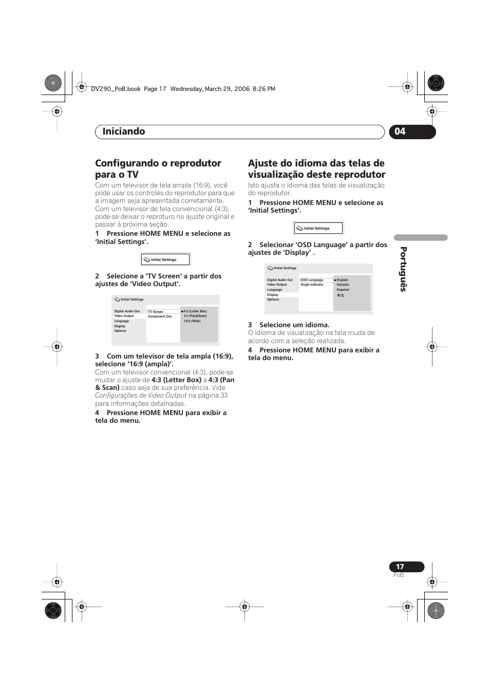 Configurando o reprodutor para o tv, Iniciando 04, Português | Pioneer DV-393-S User Manual | Page 59 / 87
