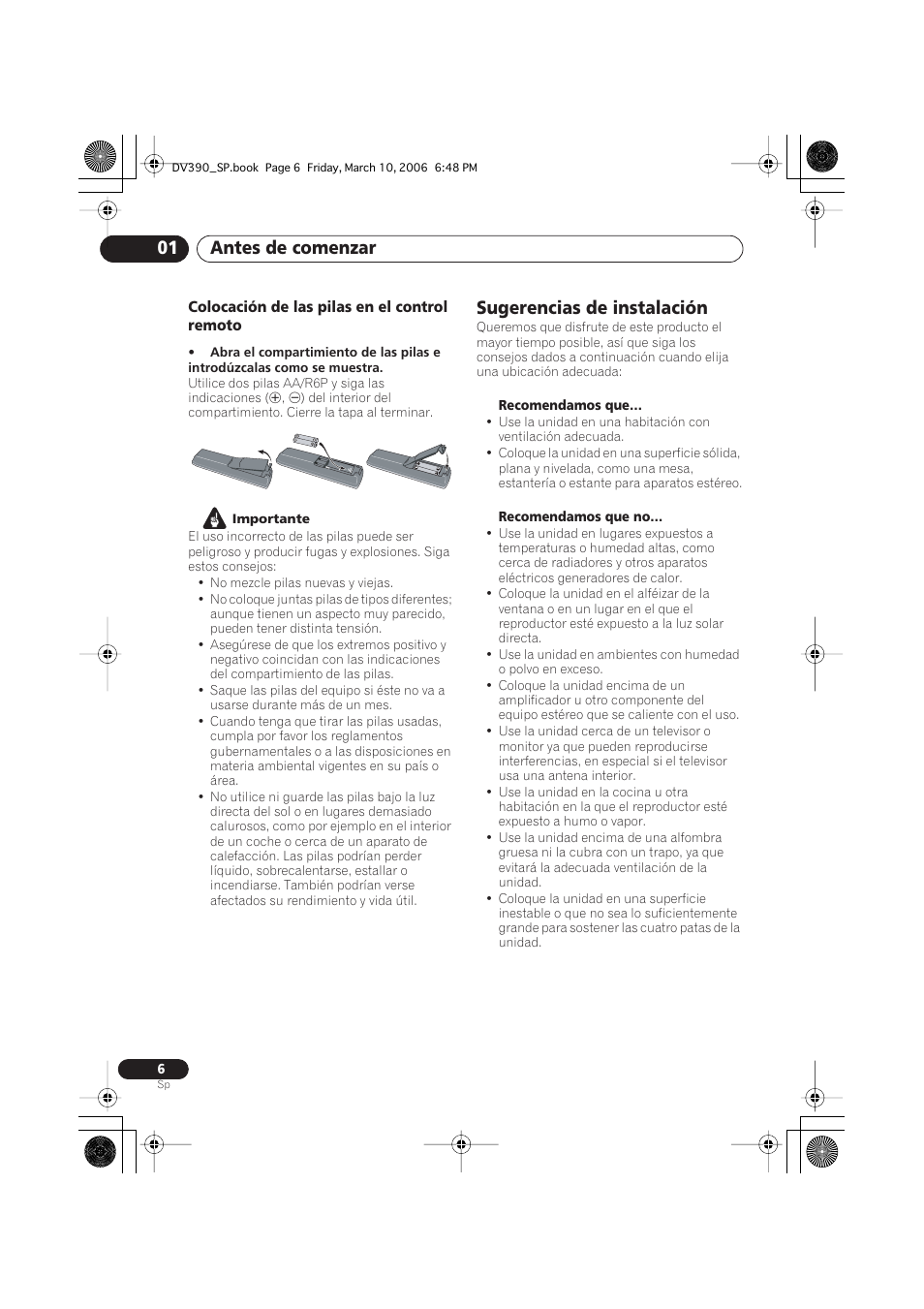 Sugerencias de instalación, Antes de comenzar 01 | Pioneer DV-393-S User Manual | Page 6 / 87