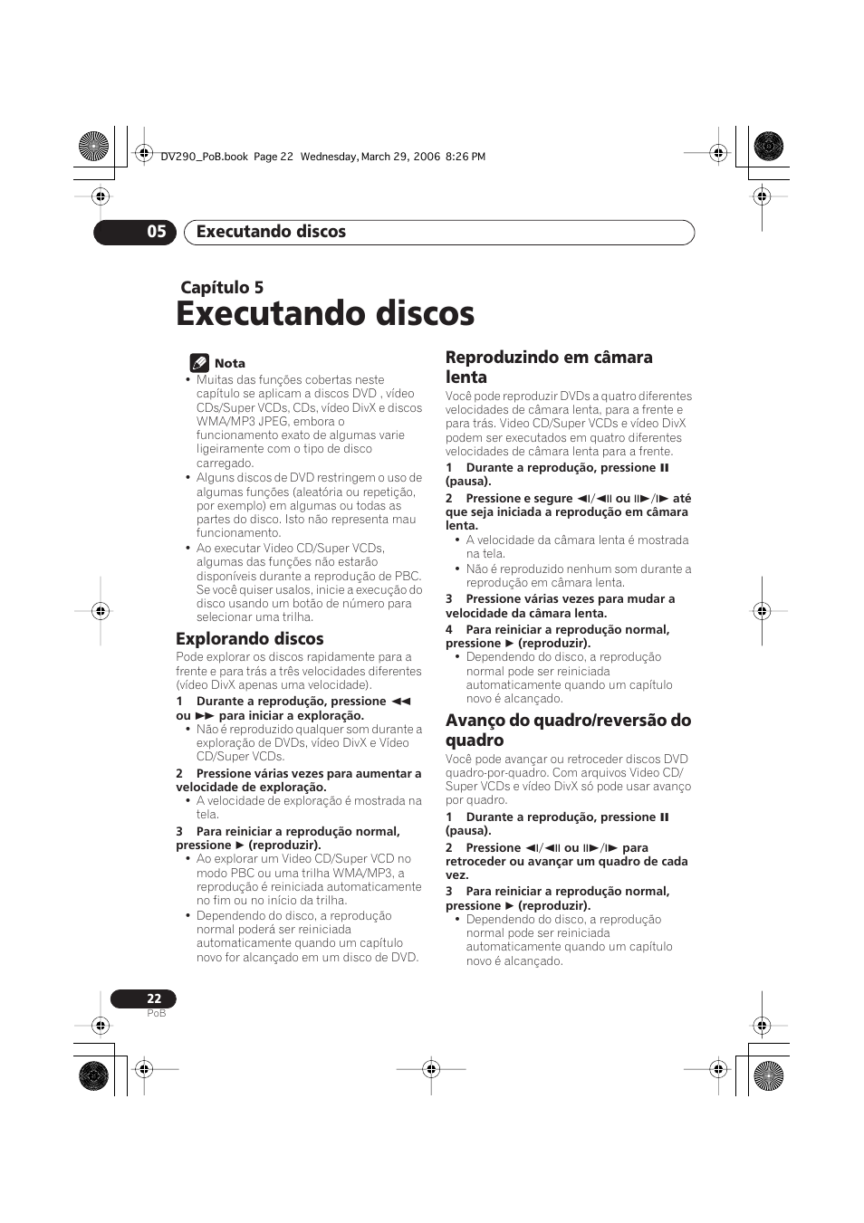 05 executando discos, Explorando discos, Reproduzindo em câmara lenta | Avanço do quadro/reversão do quadro, Executando discos, Executando discos 05, Capítulo 5 | Pioneer DV-393-S User Manual | Page 64 / 87