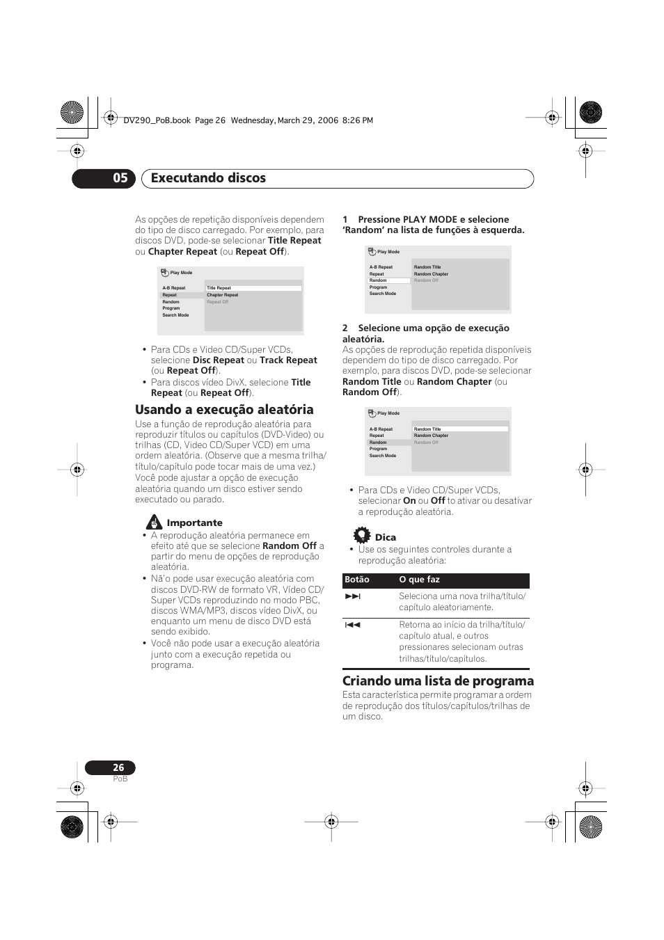 Usando a execução aleatória, Criando uma lista de programa, Executando discos 05 | Pioneer DV-393-S User Manual | Page 68 / 87