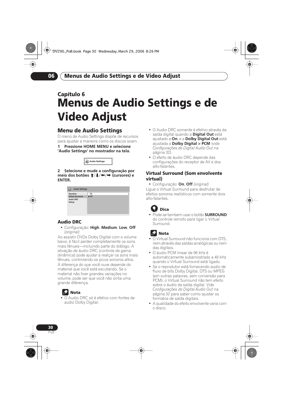 06 menus de audio settings e de video adjust, Menu de audio settings, Menus de audio settings e de video adjust | Menus de audio settings e de video adjust 06, Capítulo 6 | Pioneer DV-393-S User Manual | Page 72 / 87