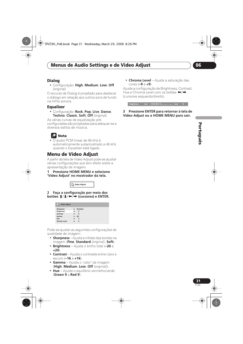 Menu de video adjust, Menus de audio settings e de video adjust 06 | Pioneer DV-393-S User Manual | Page 73 / 87