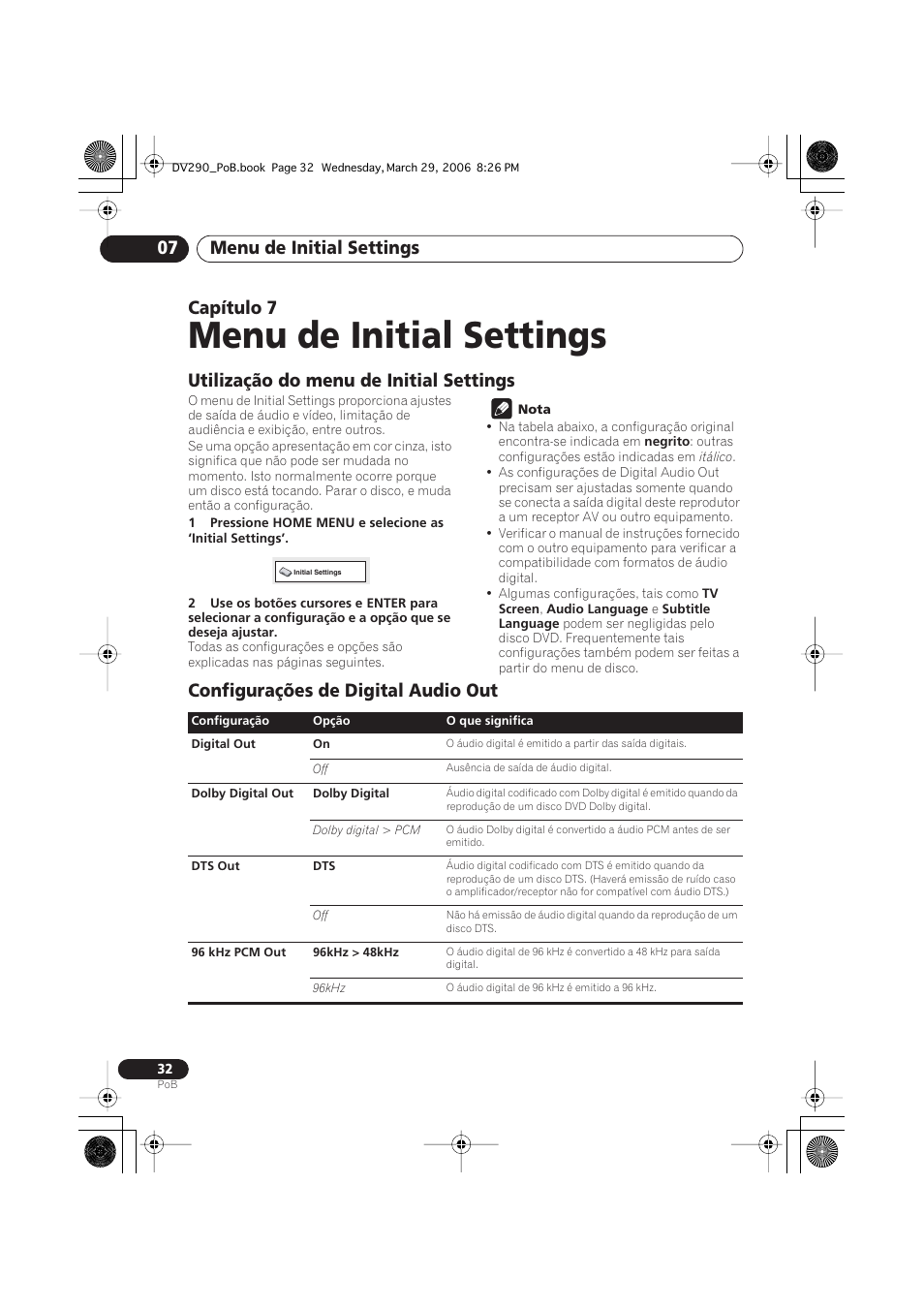 07 menu de initial settings, Utilização do menu de initial settings, Configurações de digital audio out | Menu de initial settings, Menu de initial settings 07, Capítulo 7 | Pioneer DV-393-S User Manual | Page 74 / 87