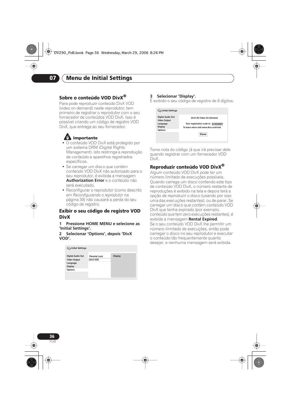 Menu de initial settings 07, Sobre o conteúdo vod divx, Exibir o seu código de registro vod divx | Reproduzir conteúdo vod divx | Pioneer DV-393-S User Manual | Page 78 / 87