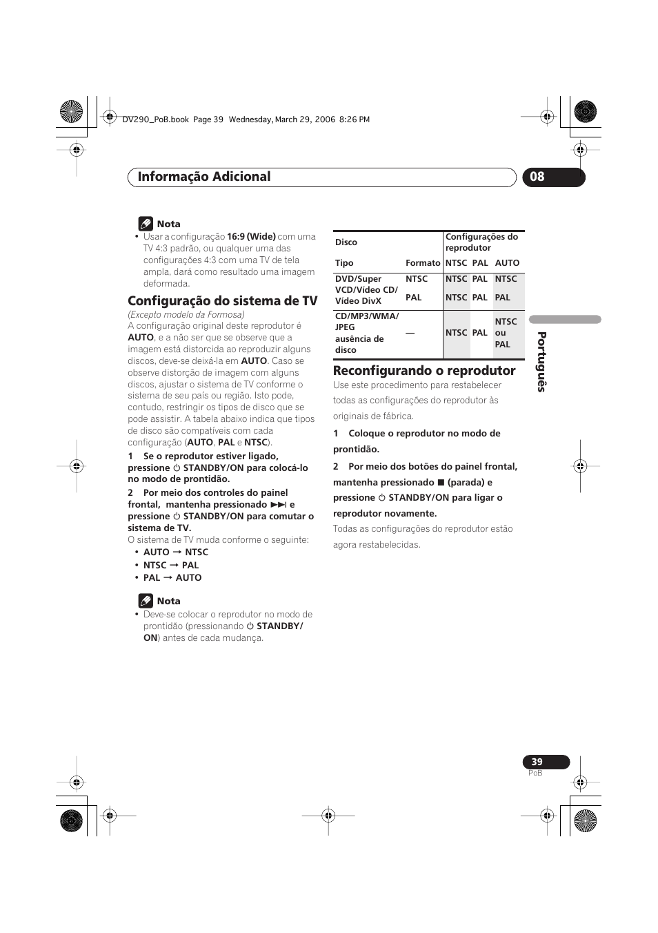 Configuração do sistema de tv, Reconfigurando o reprodutor, Informação adicional 08 | Pioneer DV-393-S User Manual | Page 81 / 87