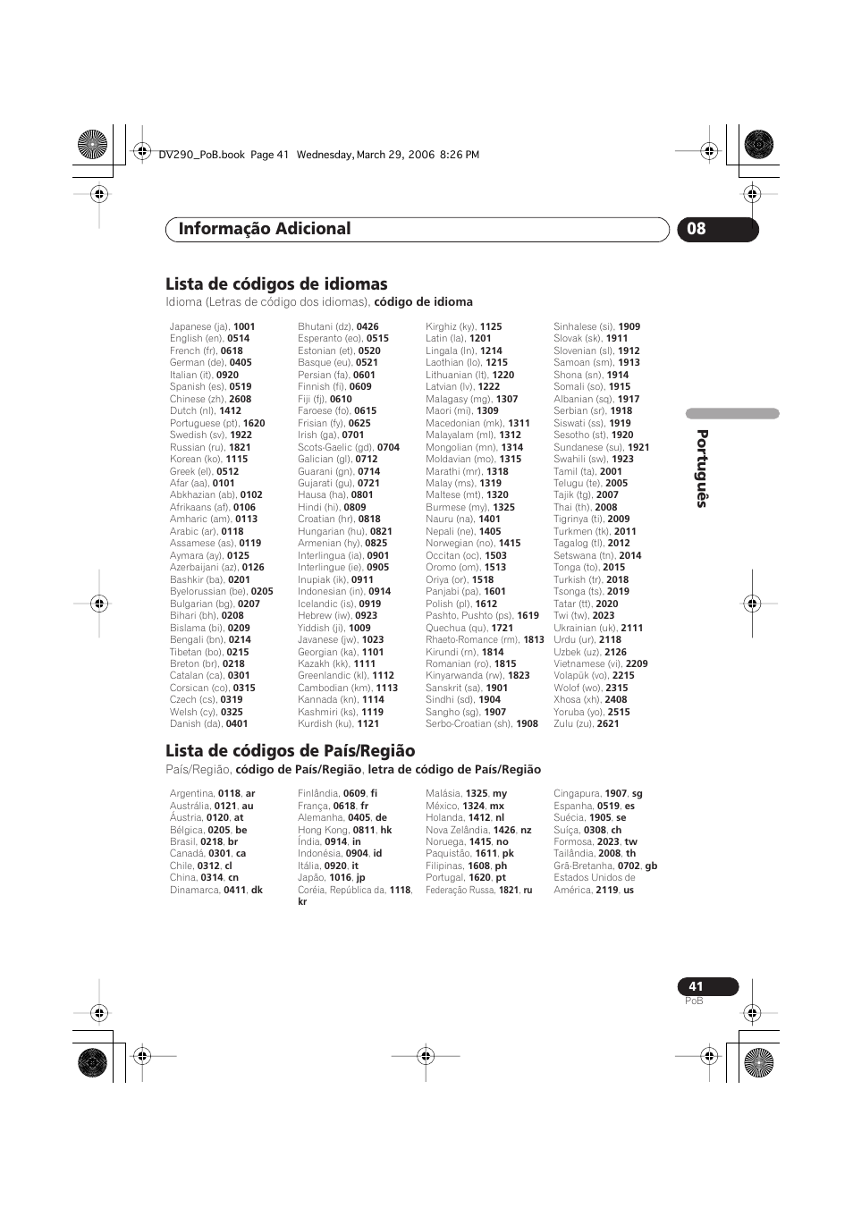 Lista de códigos de idiomas, Lista de códigos de país/região, Informação adicional 08 | Português | Pioneer DV-393-S User Manual | Page 83 / 87