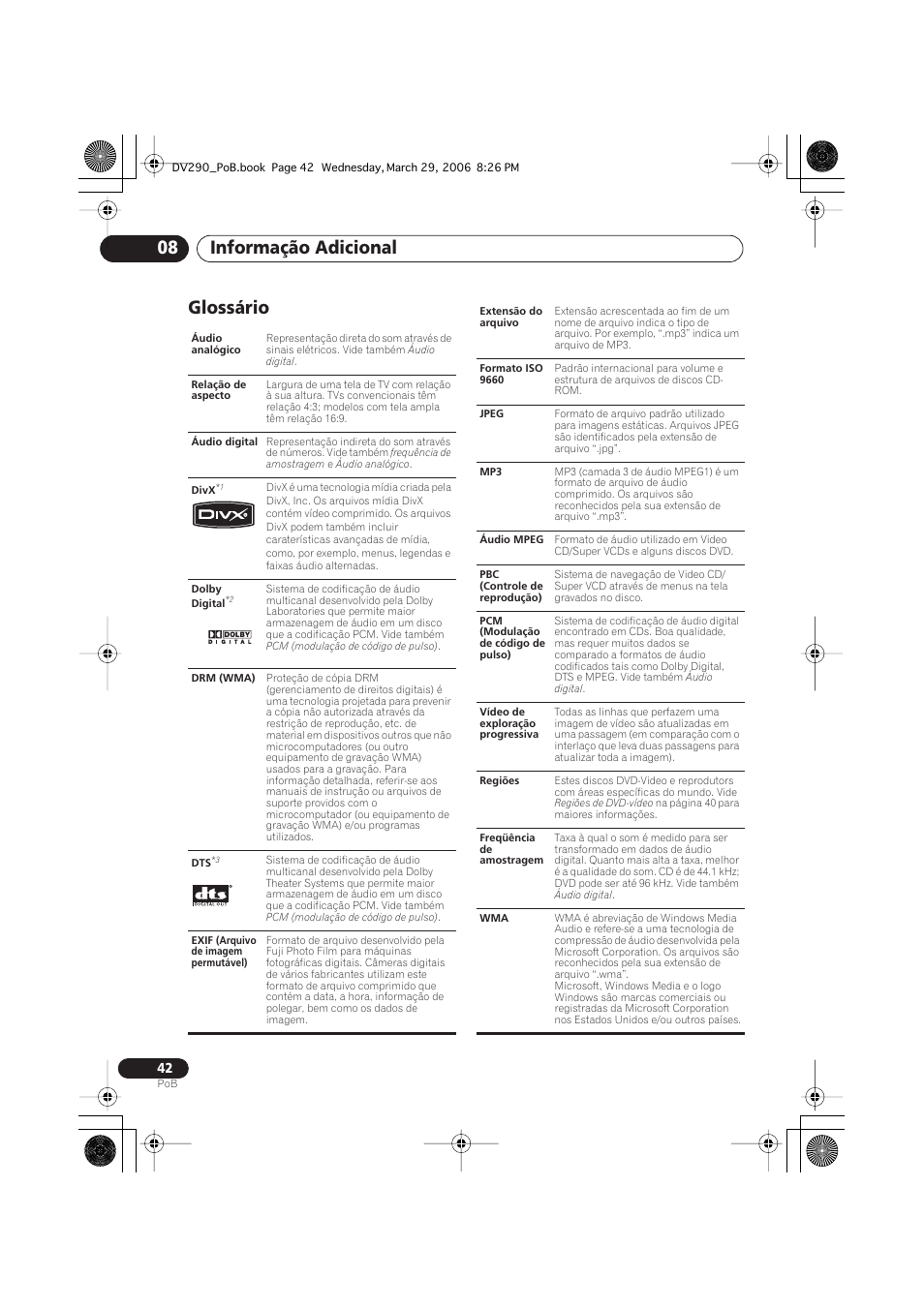 Glossário, Informação adicional 08 | Pioneer DV-393-S User Manual | Page 84 / 87