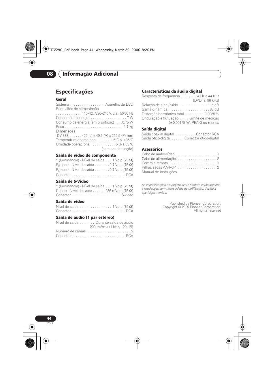 Especificações, Informação adicional 08 | Pioneer DV-393-S User Manual | Page 86 / 87
