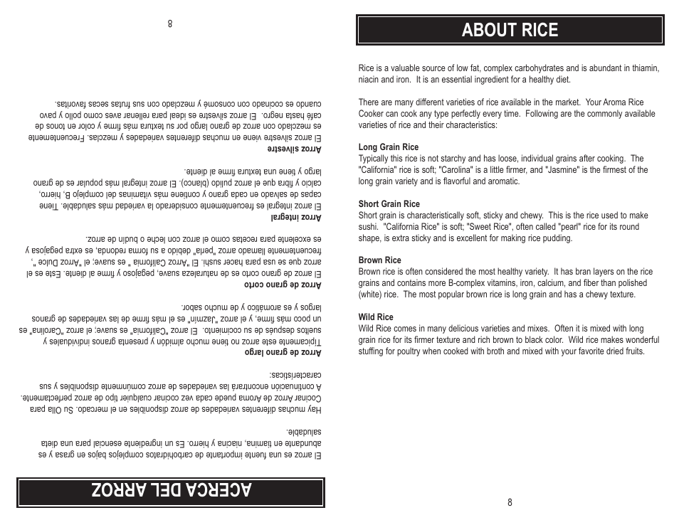 About rice, Ace rca del arr oz | Aroma ARC-946 User Manual | Page 10 / 11