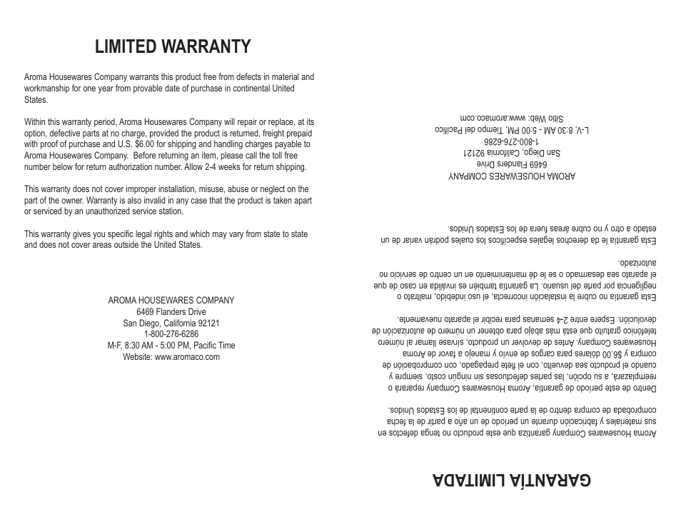 Limited warranty, Gar ant ía lim ita da | Aroma ARC-946 User Manual | Page 11 / 11