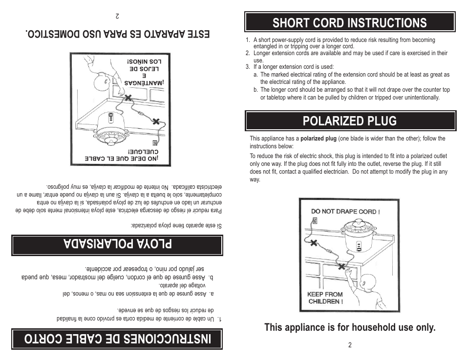 Short cord instructions, Polarized plug, Ins tru cci one sd ec abl ec ort o | Plo ya pol ari sad a | Aroma ARC-946 User Manual | Page 4 / 11