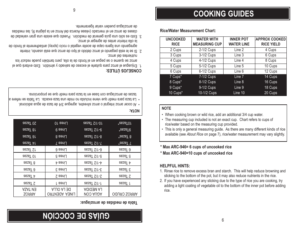 Cooking guides, Guí as de coc ció n | Aroma ARC-946 User Manual | Page 8 / 11