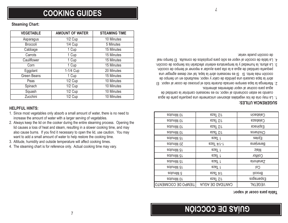 Cooking guides, Guí as de coc ció n | Aroma ARC-946 User Manual | Page 9 / 11