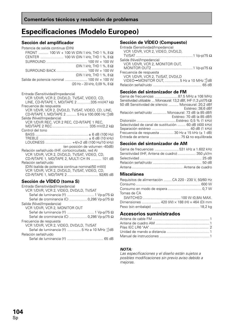 Especificaciones (modelo europeo), Comentarios técnicos y resolución de problemas, Accesorios suministrados | Pioneer VSX-D1011-S User Manual | Page 104 / 108