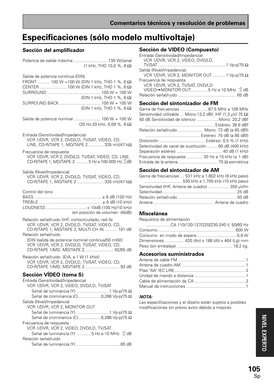 Especificaciones (modelo multivoltaje), Especificaciones (sólo modelo multivoltaje) | Pioneer VSX-D1011-S User Manual | Page 105 / 108