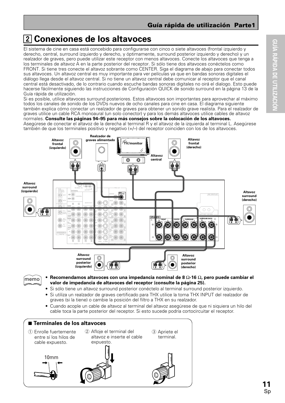2 conexiones de los altavoces, 22 conexiones de los altavoces, Guía rápida de utilización | Guía rápida de utilización parte1, 7 terminales de los altavoces, 10mm, 3 apriete el terminal | Pioneer VSX-D1011-S User Manual | Page 11 / 108