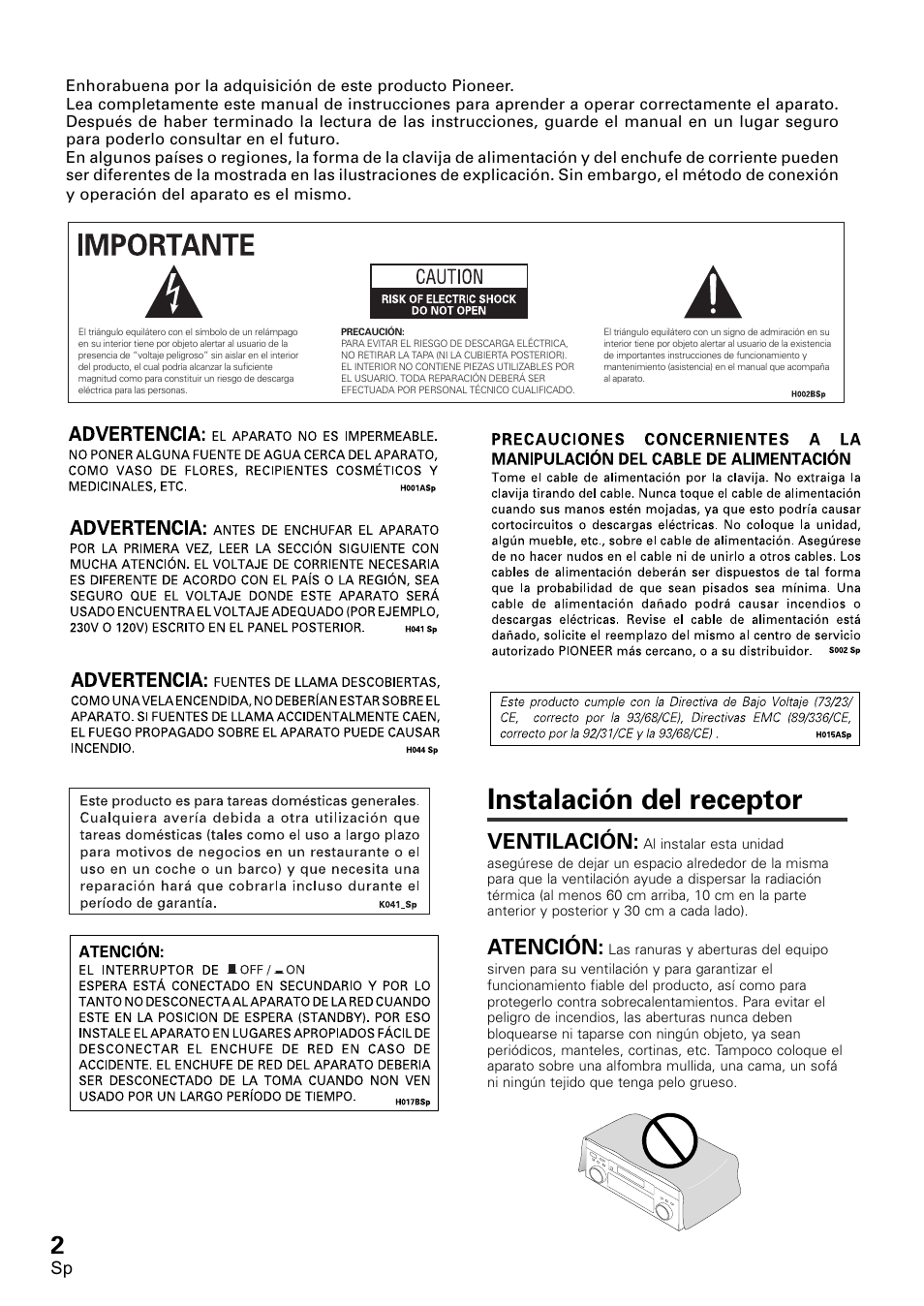 Instalación del receptor, Ventilación, Atención | Pioneer VSX-D1011-S User Manual | Page 2 / 108