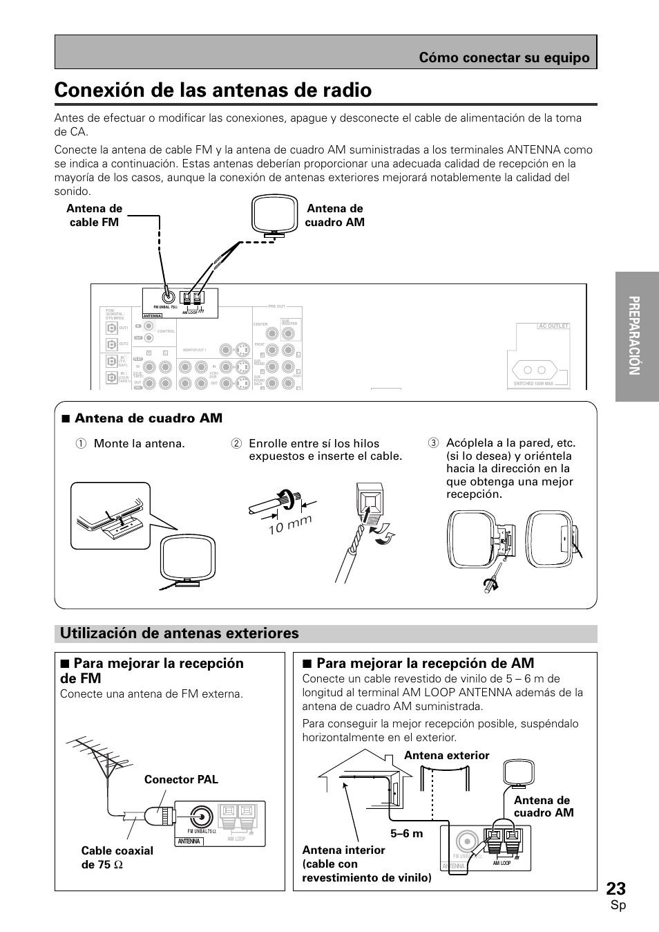 Conexión de las antenas de radio, Utilización de antenas exteriores, Prep ara tion | Prep araci ó n, 7 para mejorar la recepción de am, 7 para mejorar la recepción de fm, Cómo conectar su equipo, 7 antena de cuadro am, 10 mm, Conecte una antena de fm externa | Pioneer VSX-D1011-S User Manual | Page 23 / 108