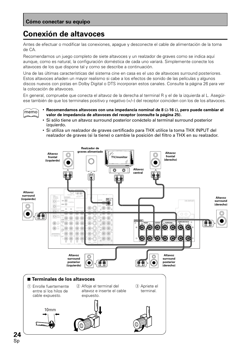 Conexión de altavoces, Cómo conectar su equipo, 7 terminales de los altavoces | También, Terminales, Positivo, Negativo, Receptor, Coinciden, Altavoces | Pioneer VSX-D1011-S User Manual | Page 24 / 108