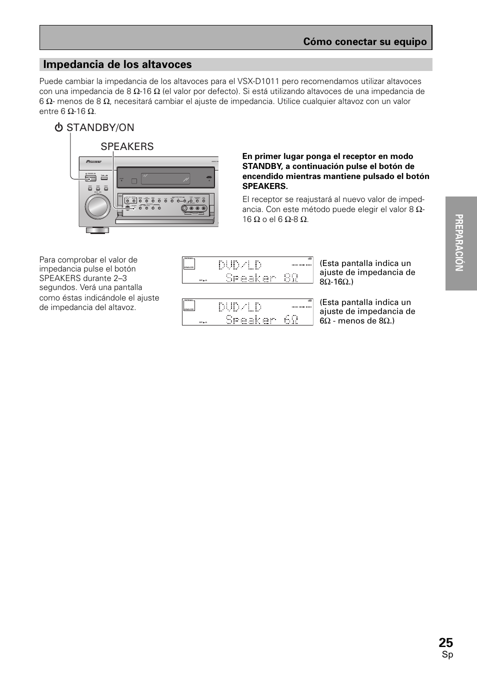 Impedancia de los altavoces, Prep ara tion, Prep araci ó n | Speakers standby/on cómo conectar su equipo | Pioneer VSX-D1011-S User Manual | Page 25 / 108
