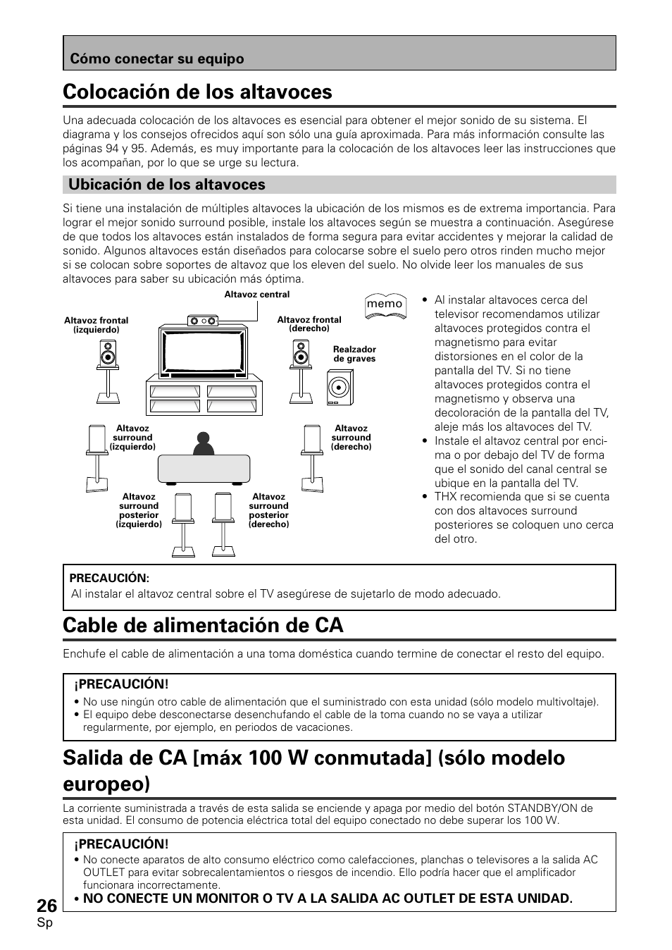 Colocación de los altavoces, Ubicación de los altavoces, Cable de alimentación de ca | Cómo conectar su equipo | Pioneer VSX-D1011-S User Manual | Page 26 / 108