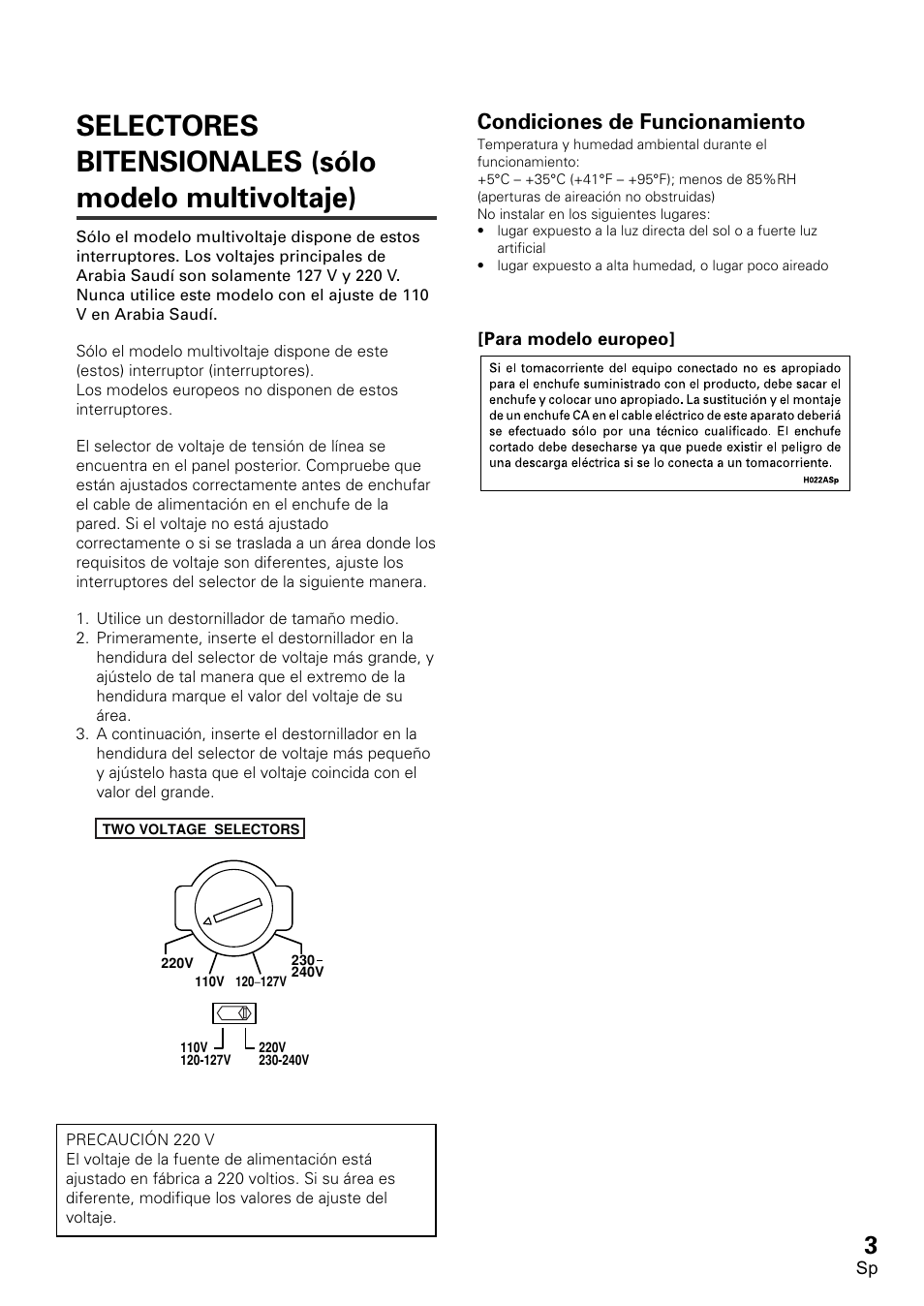 Condiciones de funcionamiento | Pioneer VSX-D1011-S User Manual | Page 3 / 108