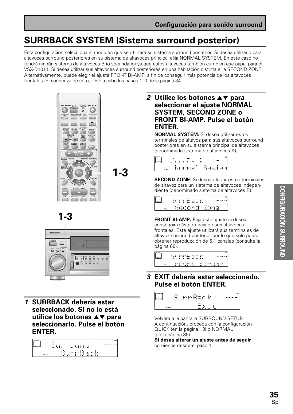 Surrback system (sistema surround posterior), Configuraci ó n surround, Configuración para sonido surround | Pioneer VSX-D1011-S User Manual | Page 35 / 108