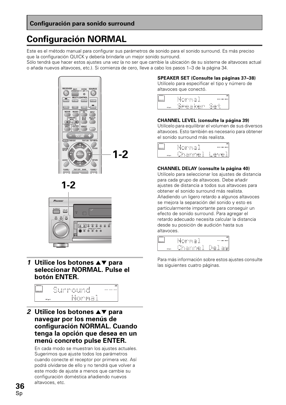 Configuración normal, Configuración para sonido surround | Pioneer VSX-D1011-S User Manual | Page 36 / 108
