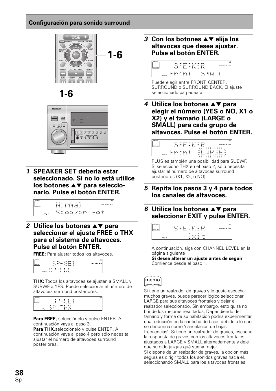 Configuración para sonido surround, Free: para ajustar todos los altavoces | Pioneer VSX-D1011-S User Manual | Page 38 / 108