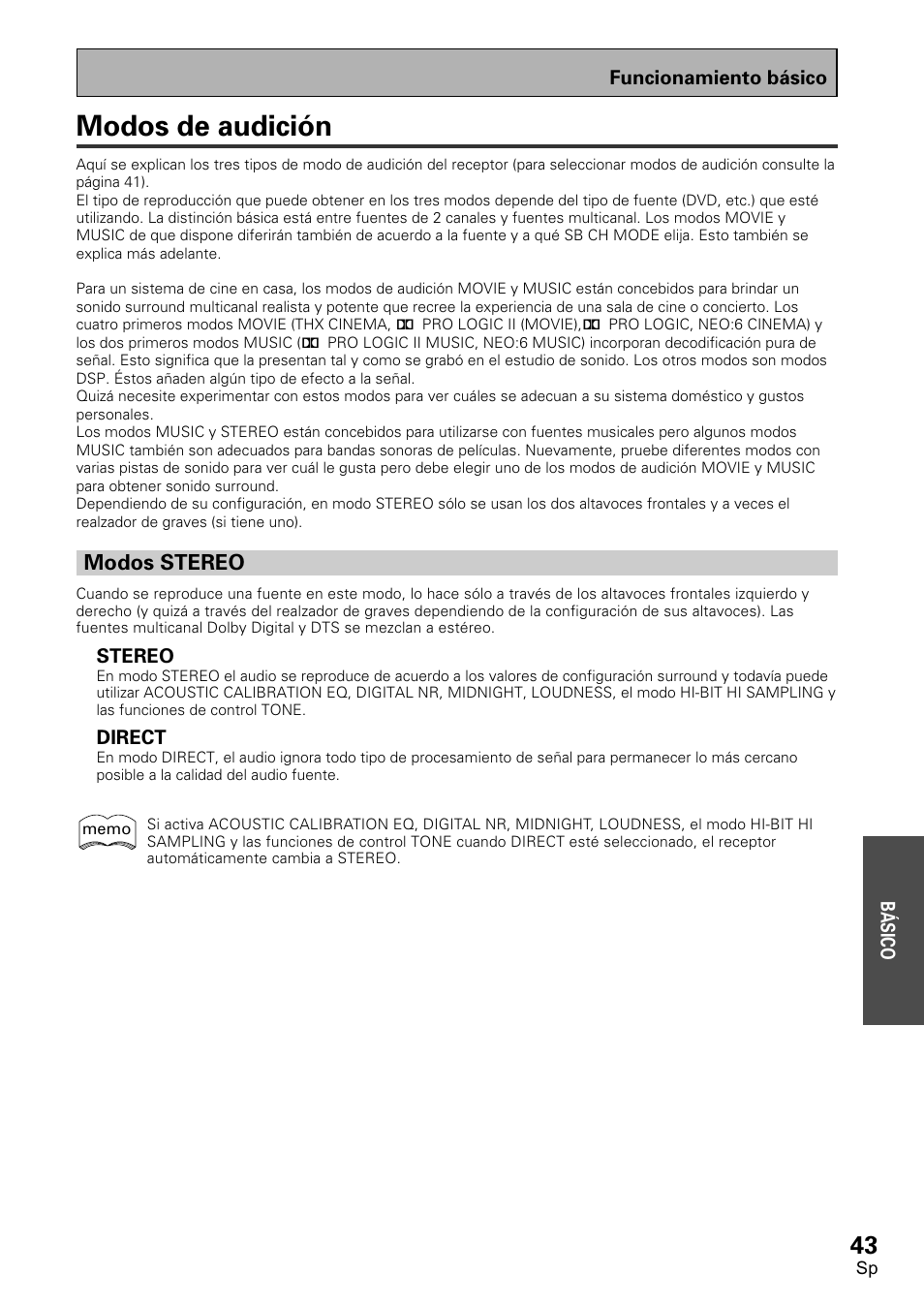 Modos de audición, Modos stereo | Pioneer VSX-D1011-S User Manual | Page 43 / 108