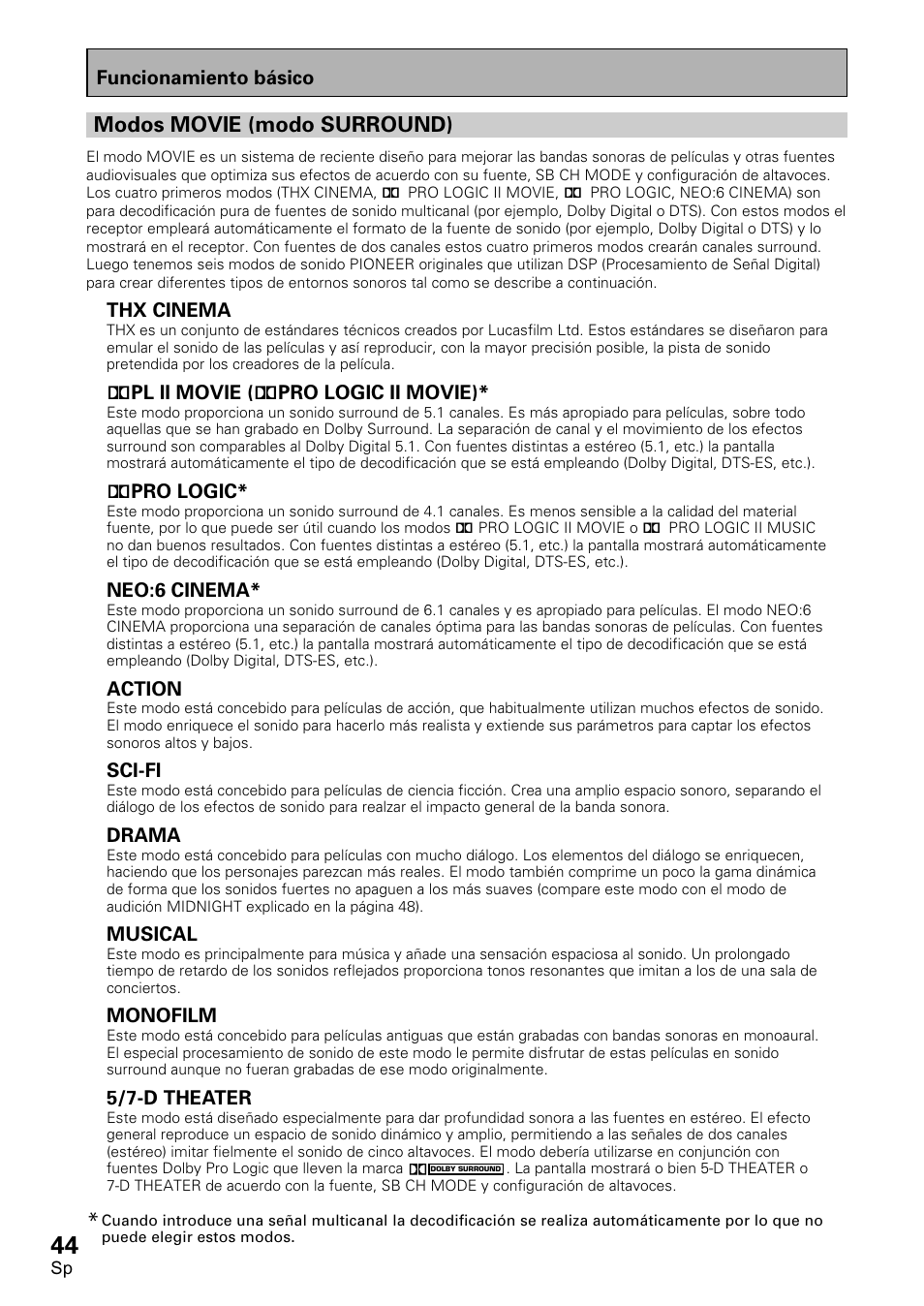 Modos movie (modo surround) | Pioneer VSX-D1011-S User Manual | Page 44 / 108