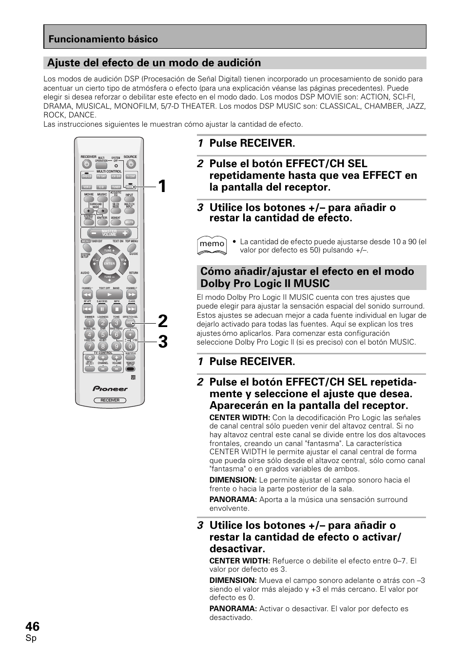 Ajuste del efecto de un modo de audición, Funcionamiento básico | Pioneer VSX-D1011-S User Manual | Page 46 / 108