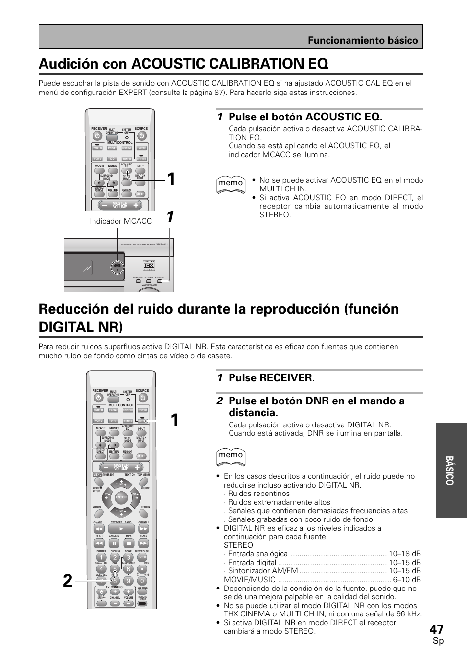 Audición con acoustic calibration eq, 1 pulse el botón acoustic eq, Funcionamiento básico básico | Indicador mcacc | Pioneer VSX-D1011-S User Manual | Page 47 / 108
