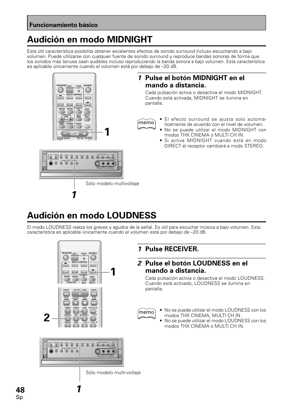 Audición en modo midnight, Audición en modo loudness, 1 pulse el botón midnight en el mando a distancia | Funcionamiento básico, Sólo modelo multivoltaje, Sólo modelo multi-voltaje | Pioneer VSX-D1011-S User Manual | Page 48 / 108