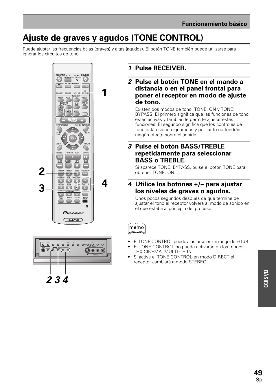 Ajuste de graves y agudos (tone control), Funcionamiento básico b á sico | Pioneer VSX-D1011-S User Manual | Page 49 / 108