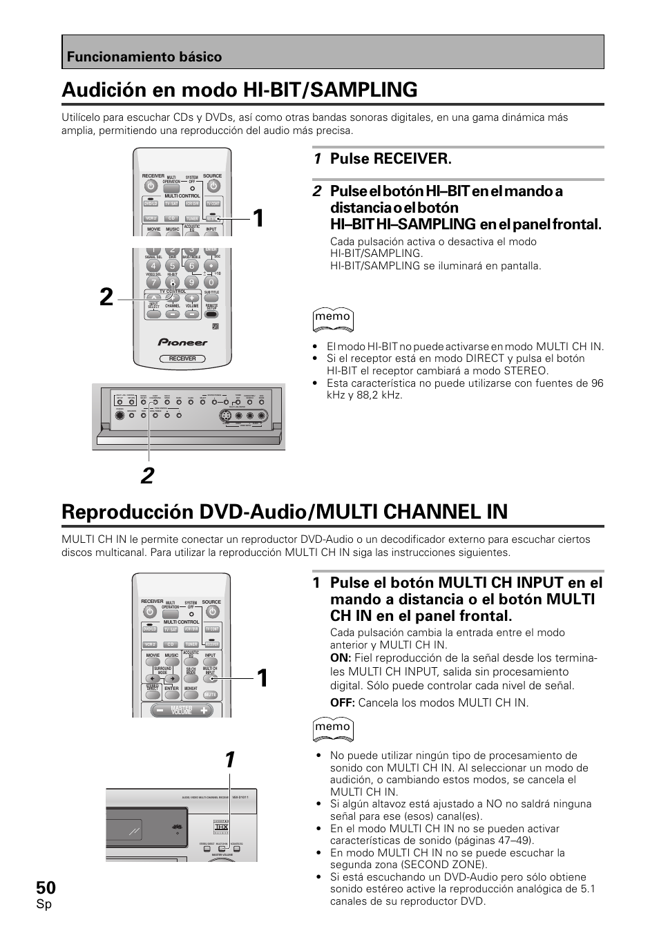 Reproducción dvd-audio/multi channel in, Audición en modo hi-bit/sampling, Funcionamiento básico | Pioneer VSX-D1011-S User Manual | Page 50 / 108